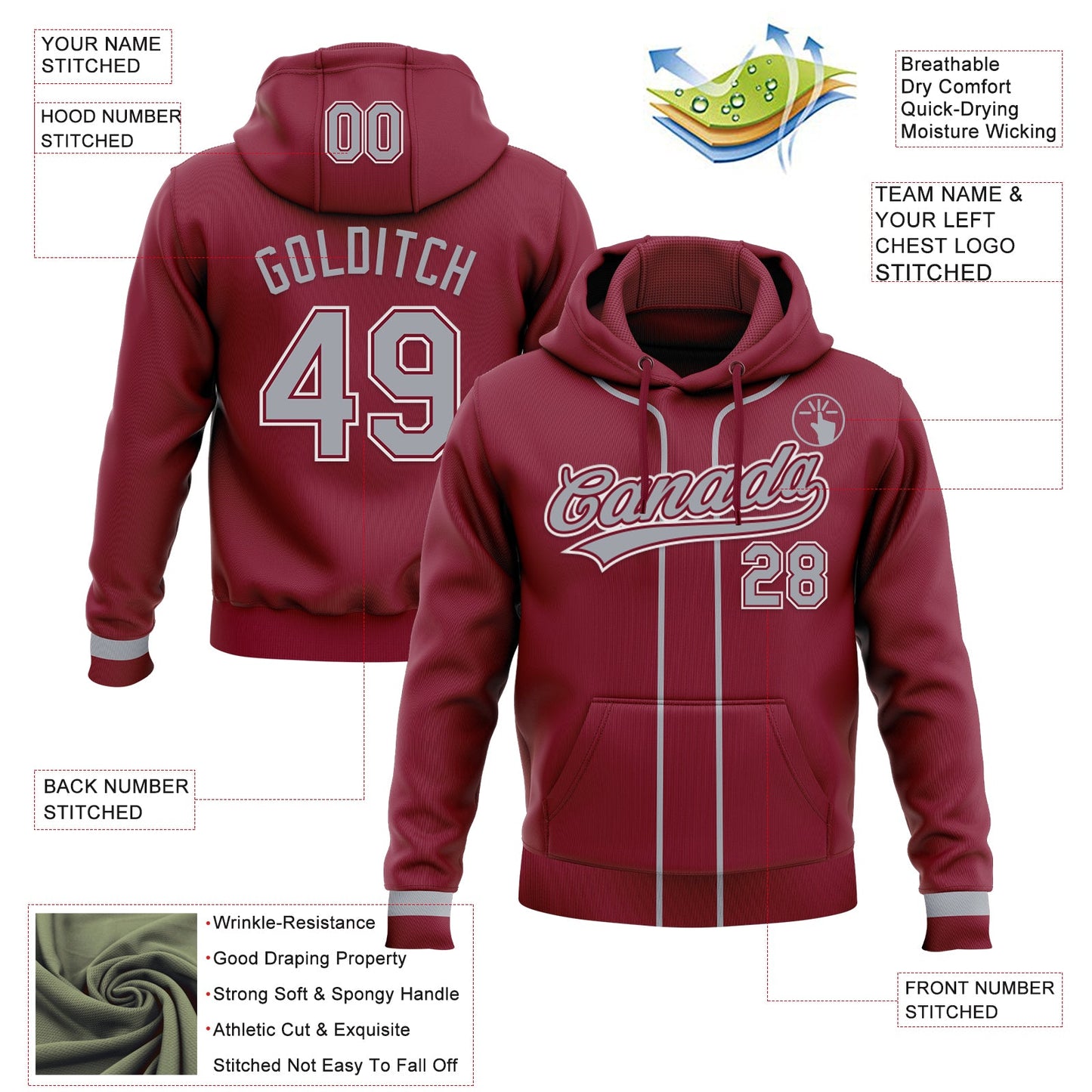 Custom Stitched Crimson Gray-White Baseball Pullover Sweatshirt Hoodie