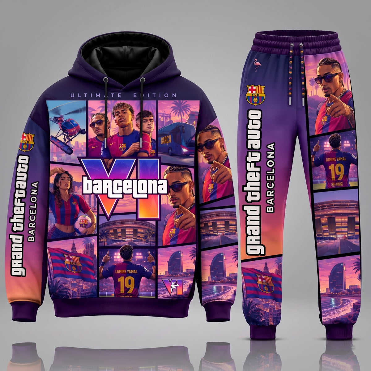 Barcelona x GTA VI Outfit Set — Hoodie, Jogger Pants & High-Top Sneakers | GTA VI Streetwear Matching Set