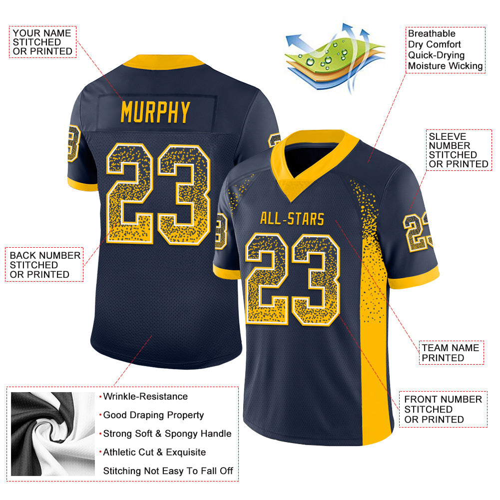 Custom Navy Gold-White Drift Fashion Football Jersey