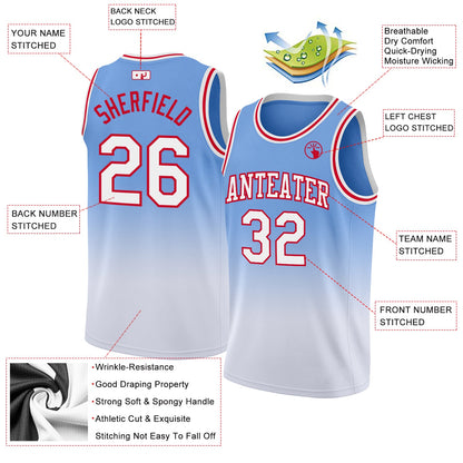 Custom Light Blue White-Red Authentic Fade Fashion Basketball Jersey