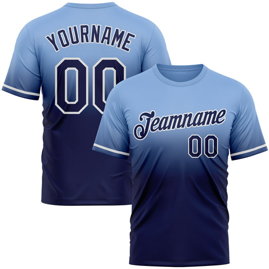 Custom Light Blue Navy-White Fade Fashion Performance T-Shirt