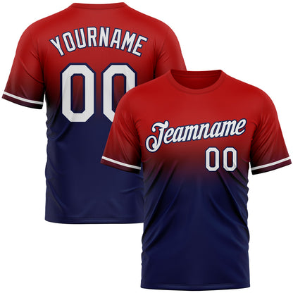 Custom Red White-Navy Fade Fashion Performance T-Shirt