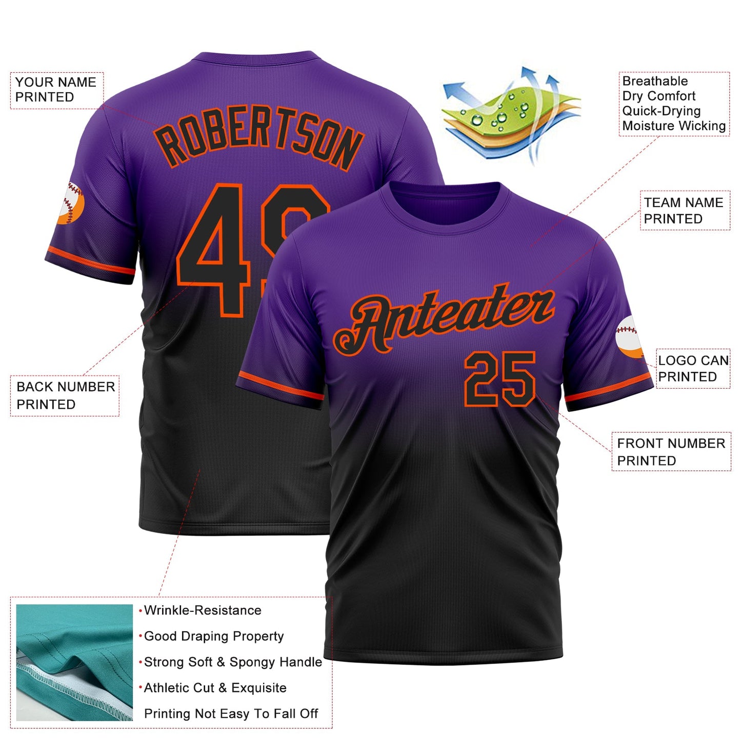 Custom Purple Black-Orange Fade Fashion Performance T-Shirt
