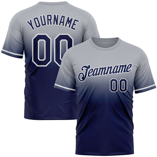 Custom Gray Navy-White Fade Fashion Performance T-Shirt