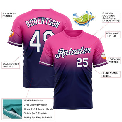 Custom Pink White-Navy Fade Fashion Performance T-Shirt