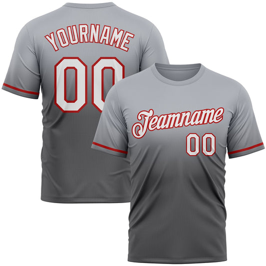 Custom Gray Steel Gray-Red Fade Fashion Performance T-Shirt