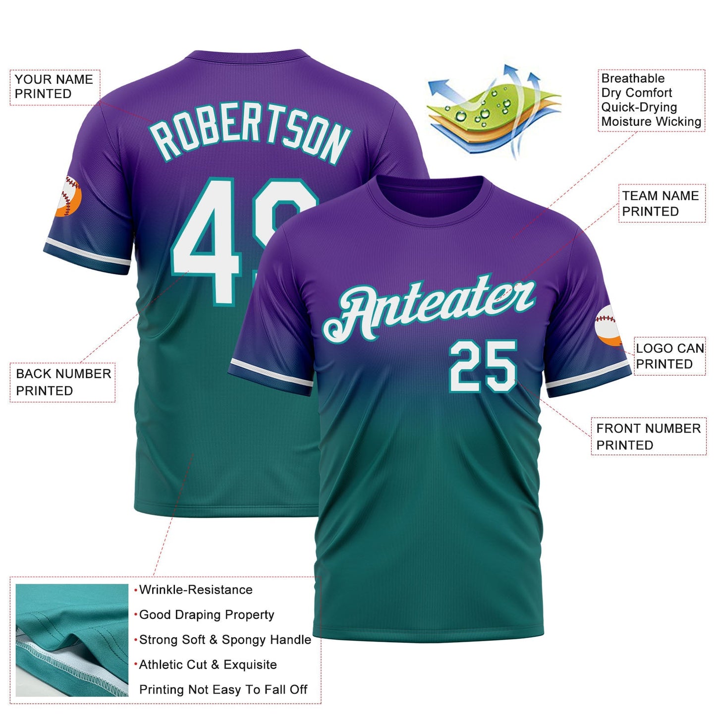 Custom Purple White-Teal Fade Fashion Performance T-Shirt