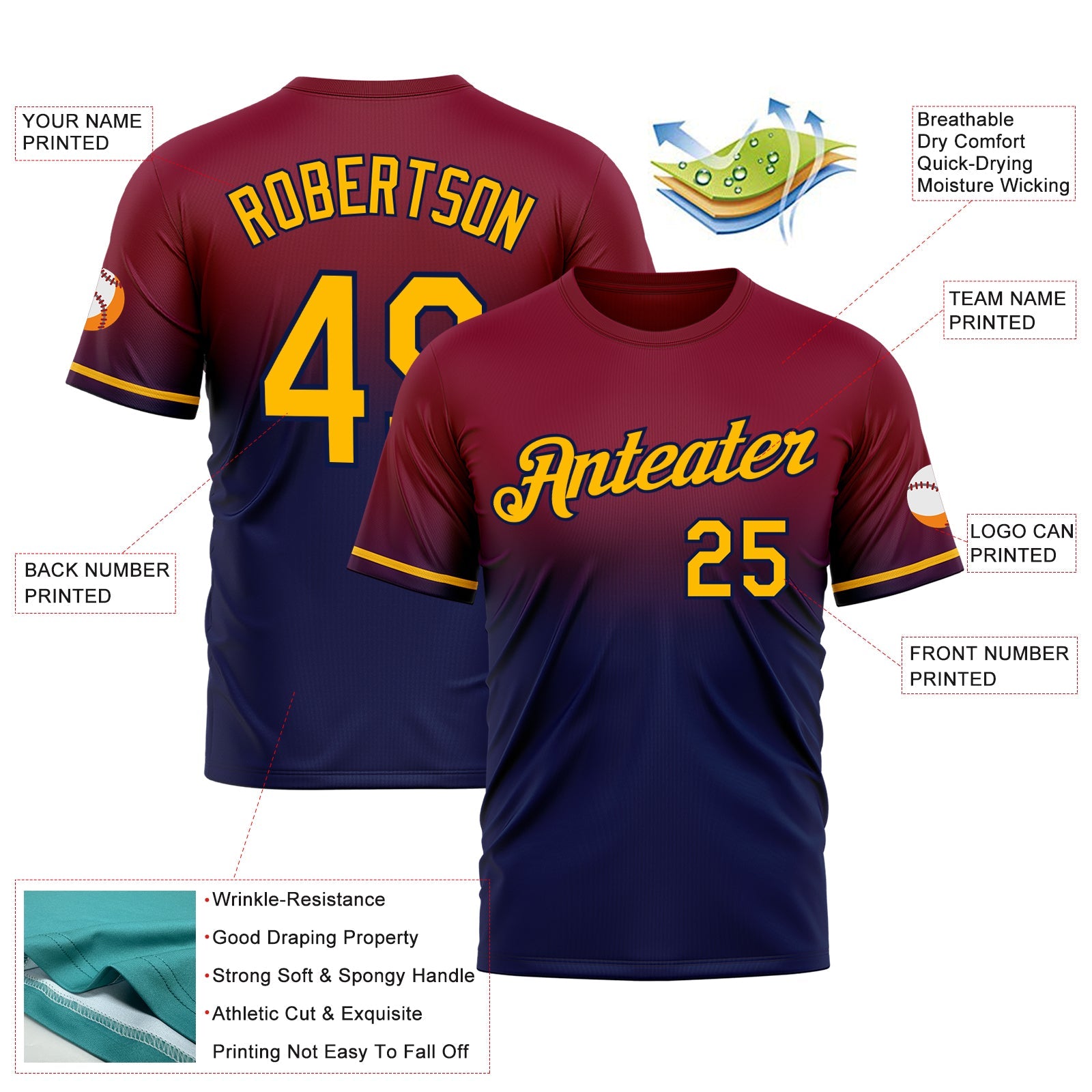 Custom Maroon Gold-Navy Fade Fashion Performance T-Shirt