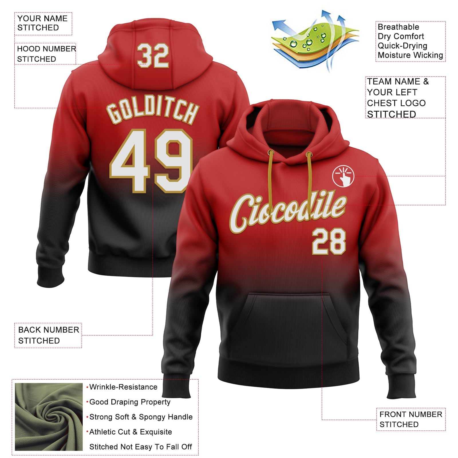 Custom Stitched Red White Black-Old Gold Fade Fashion Sports Pullover Sweatshirt Hoodie