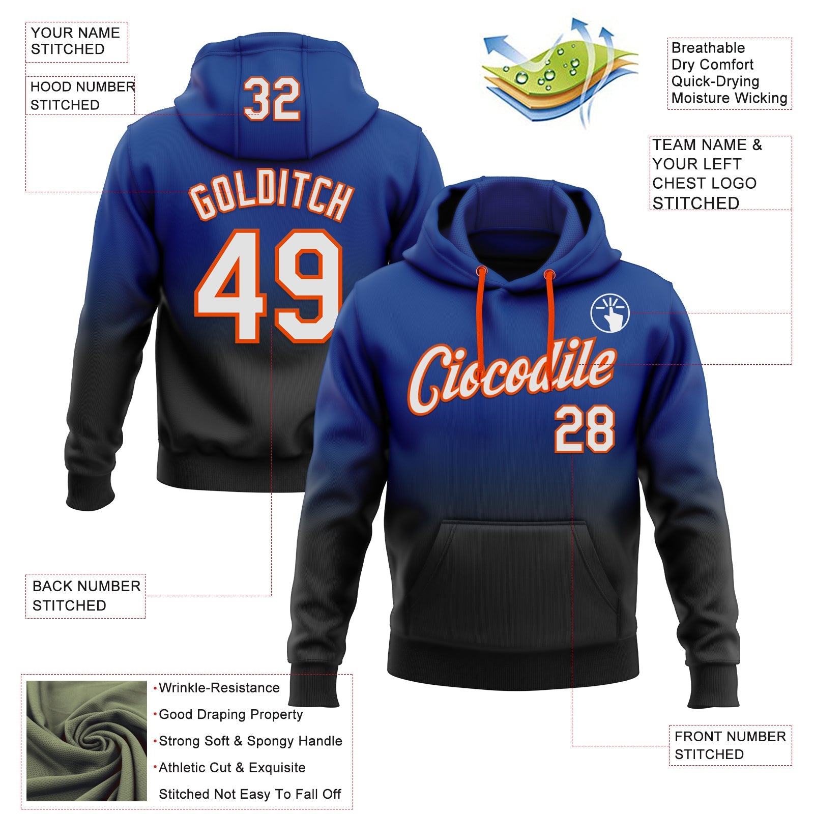 Custom Stitched Royal White Black-Orange Fade Fashion Sports Pullover Sweatshirt Hoodie
