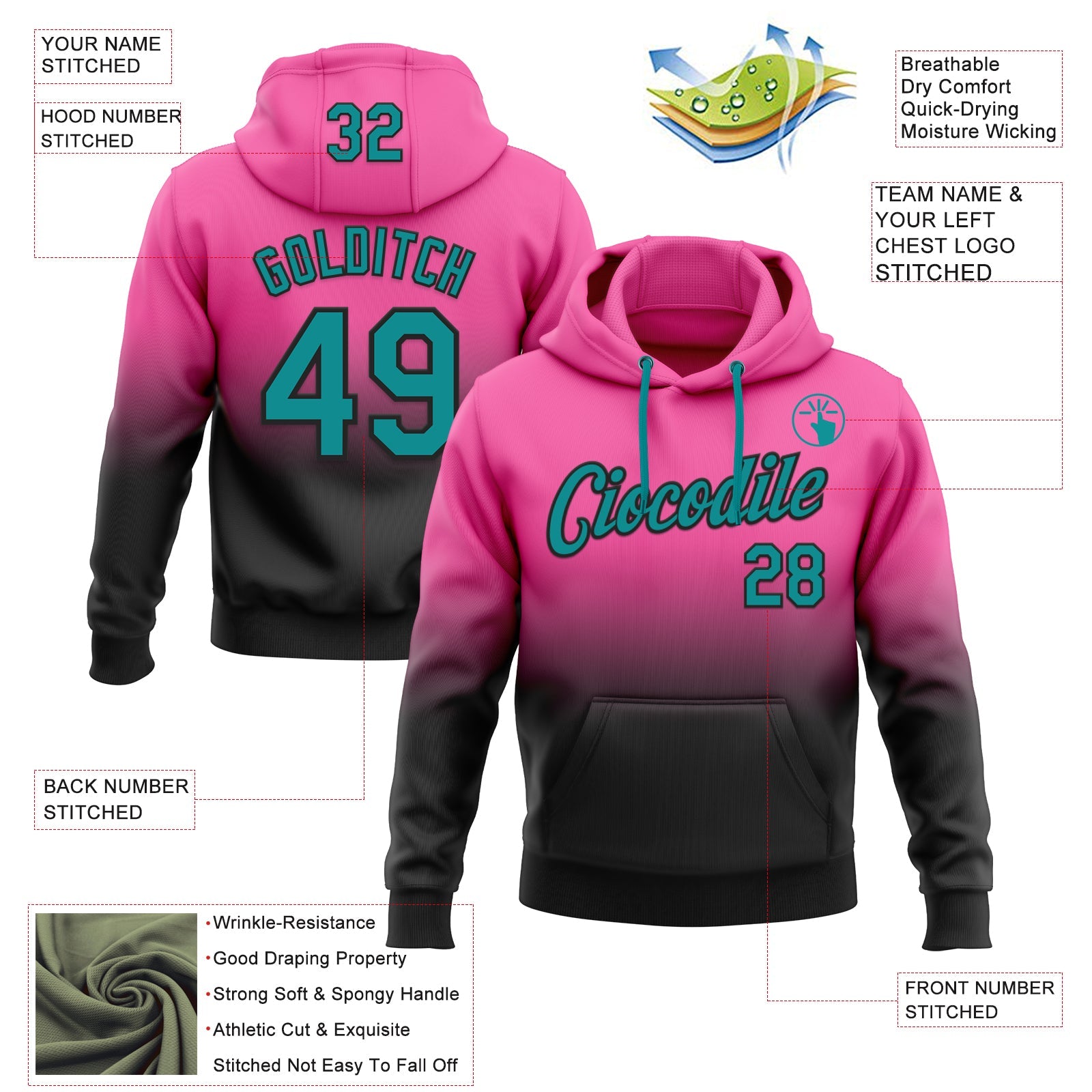 Custom Stitched Pink Teal-Black Fade Fashion Sports Pullover Sweatshirt Hoodie