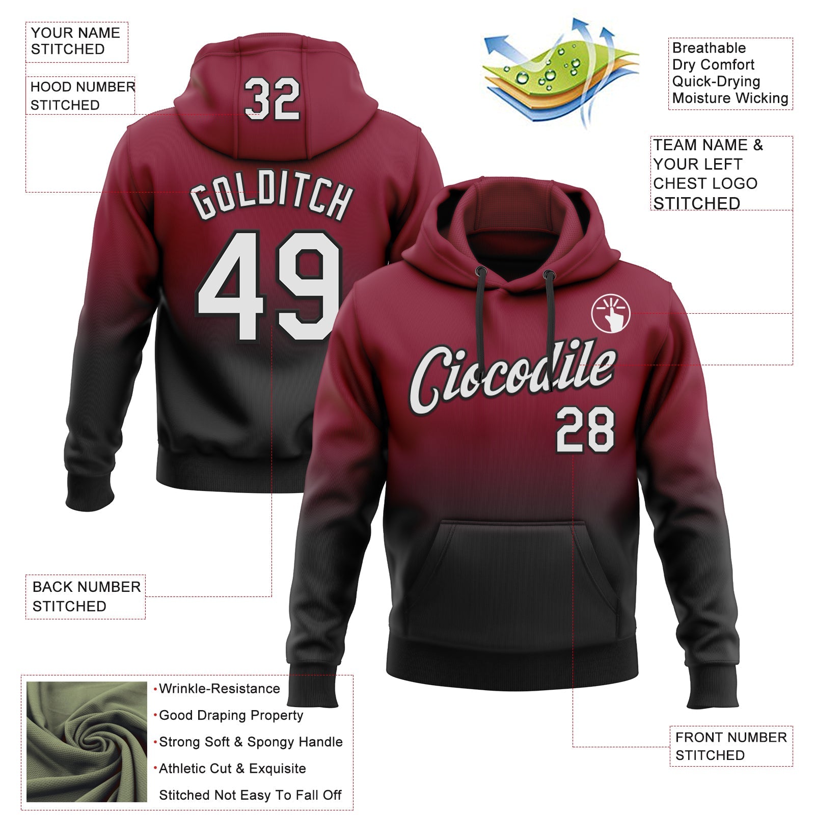 Custom Stitched Crimson White-Black Fade Fashion Sports Pullover Sweatshirt Hoodie
