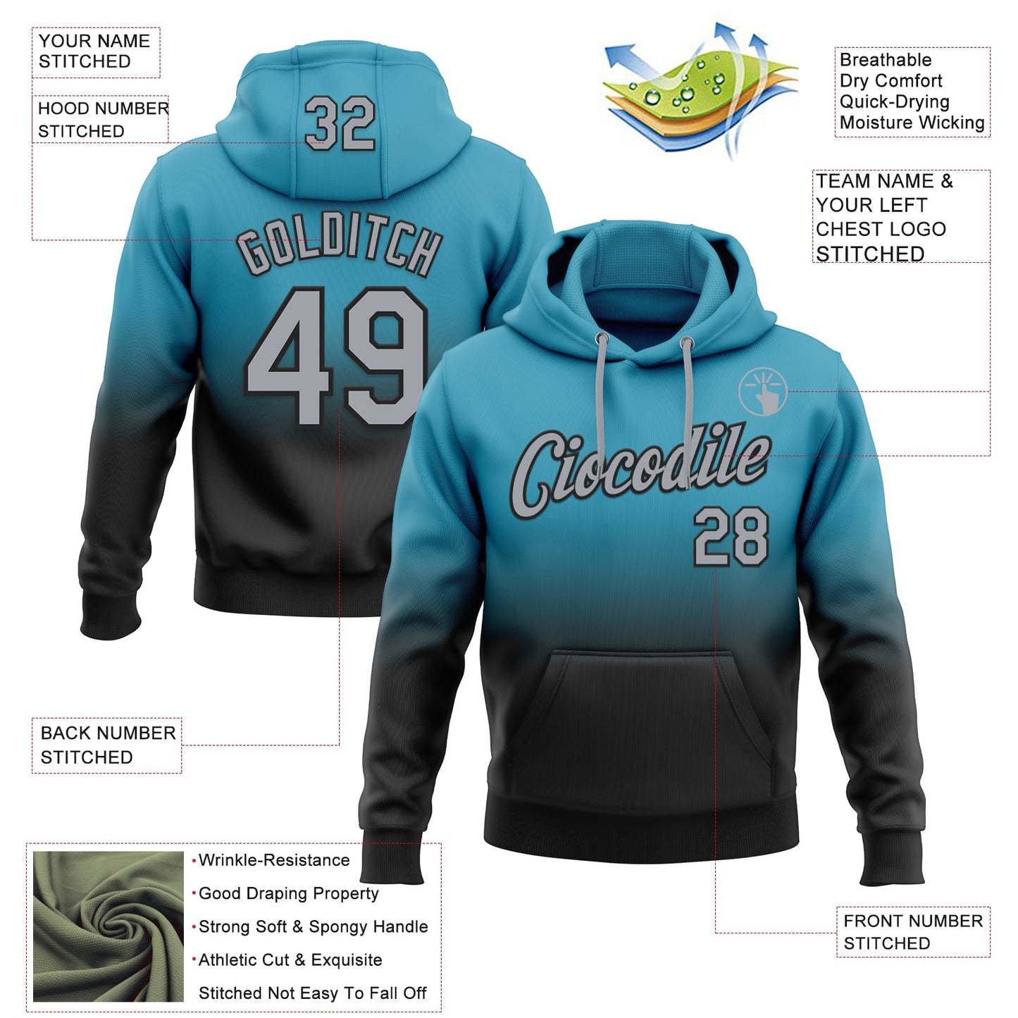 Custom Stitched Panther Blue Gray-Black Fade Fashion Sports Pullover Sweatshirt Hoodie