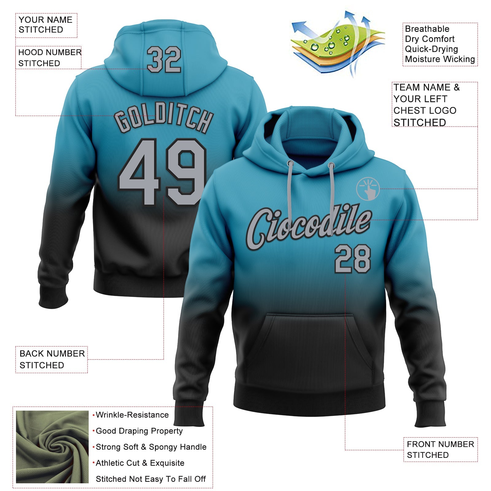 Custom Stitched Panther Blue Gray-Black Fade Fashion Sports Pullover Sweatshirt Hoodie