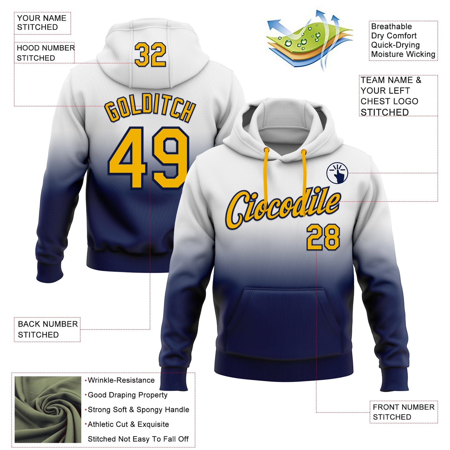 Custom Stitched White Gold-Navy Fade Fashion Sports Pullover Sweatshirt Hoodie
