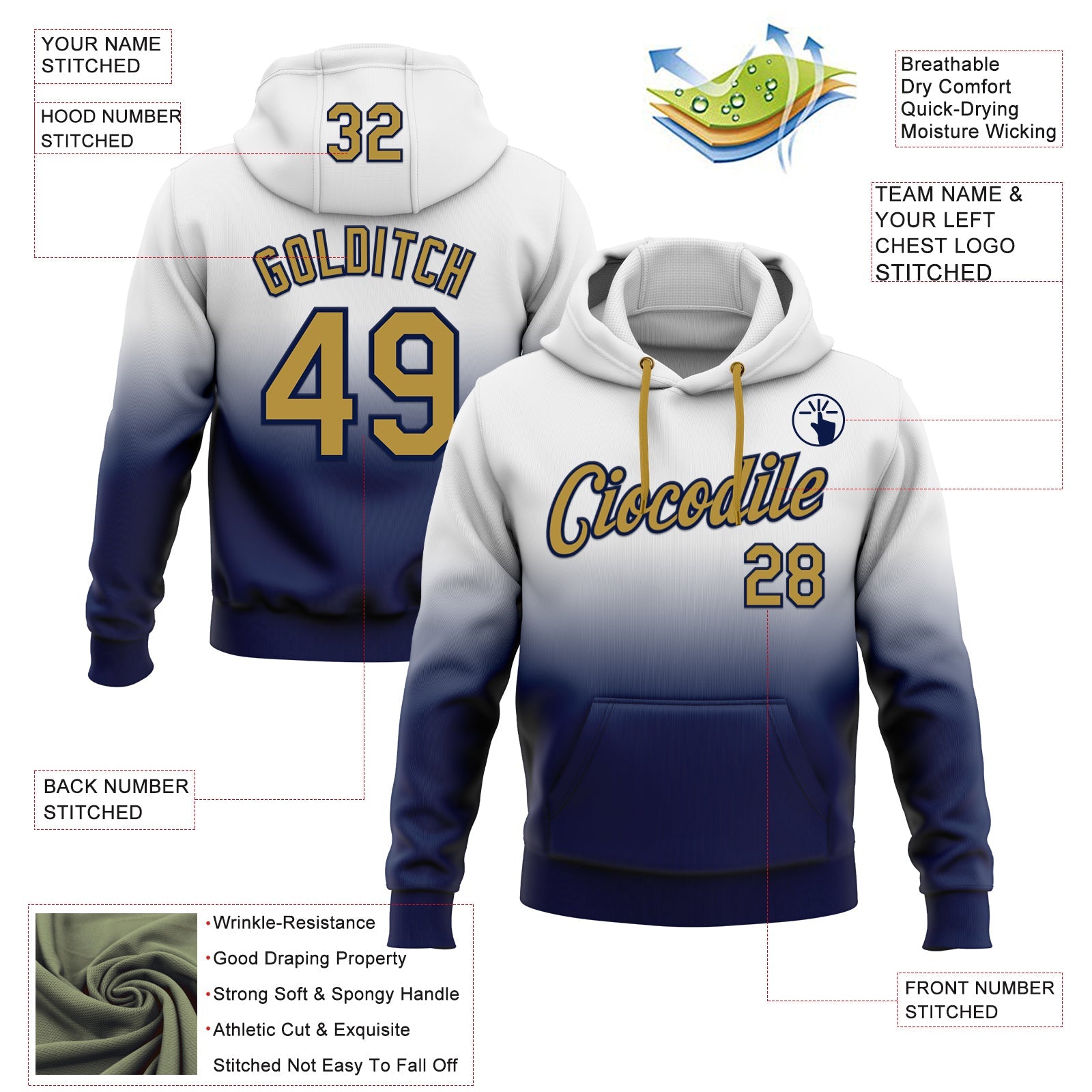 Custom Stitched White Old Gold-Navy Fade Fashion Sports Pullover Sweatshirt Hoodie