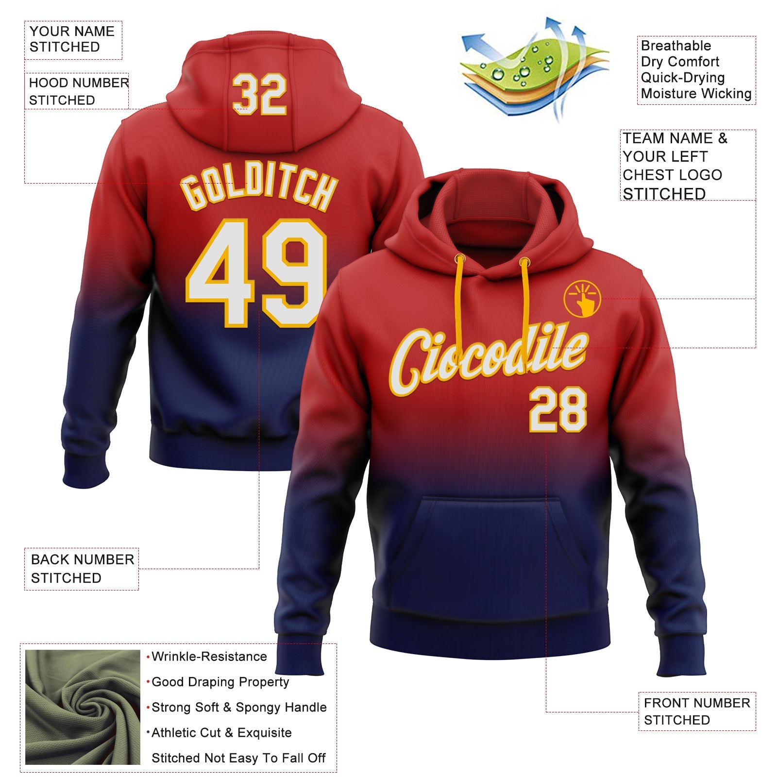 Custom Stitched Red White Navy-Gold Fade Fashion Sports Pullover Sweatshirt Hoodie