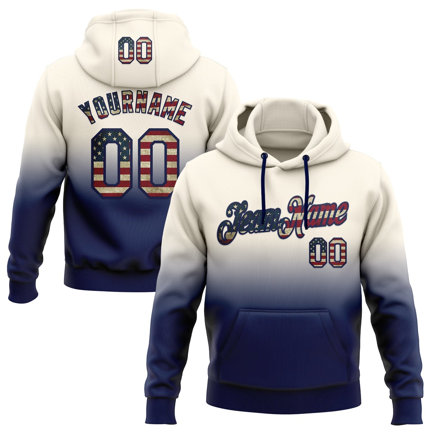 Custom Stitched Cream Vintage USA Flag-Navy Fade Fashion Sports Pullover Sweatshirt Hoodie