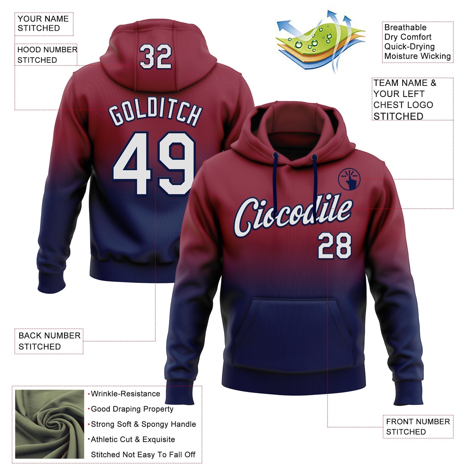 Custom Stitched Crimson White-Navy Fade Fashion Sports Pullover Sweatshirt Hoodie