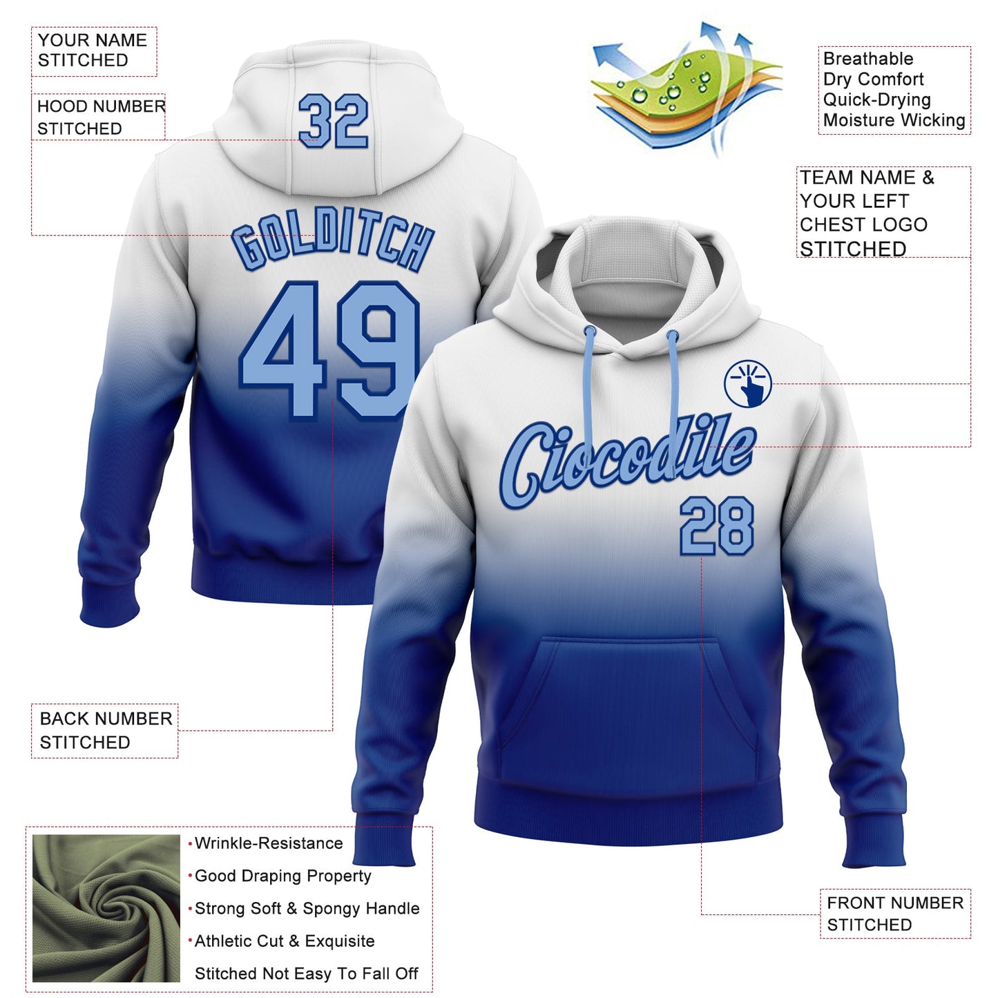 Custom Stitched White Light Blue-Royal Fade Fashion Sports Pullover Sweatshirt Hoodie