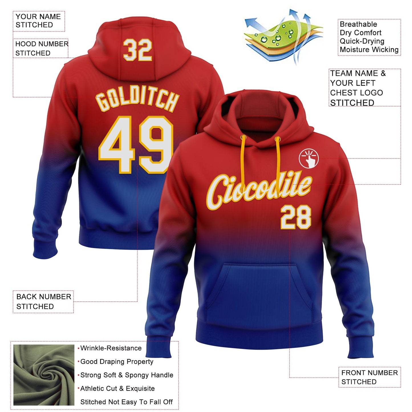 Custom Stitched Red White Royal-Gold Fade Fashion Sports Pullover Sweatshirt Hoodie