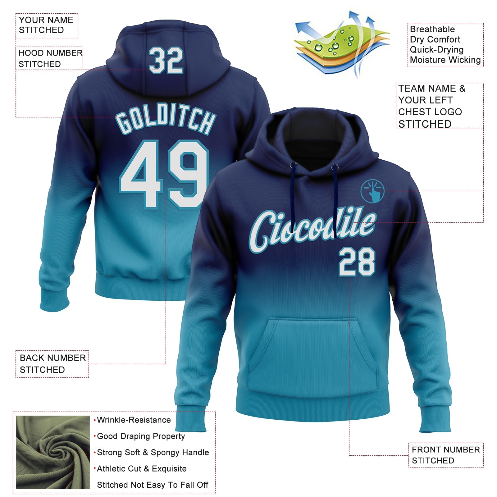 Custom Stitched Navy White-Panther Blue Fade Fashion Sports Pullover Sweatshirt Hoodie
