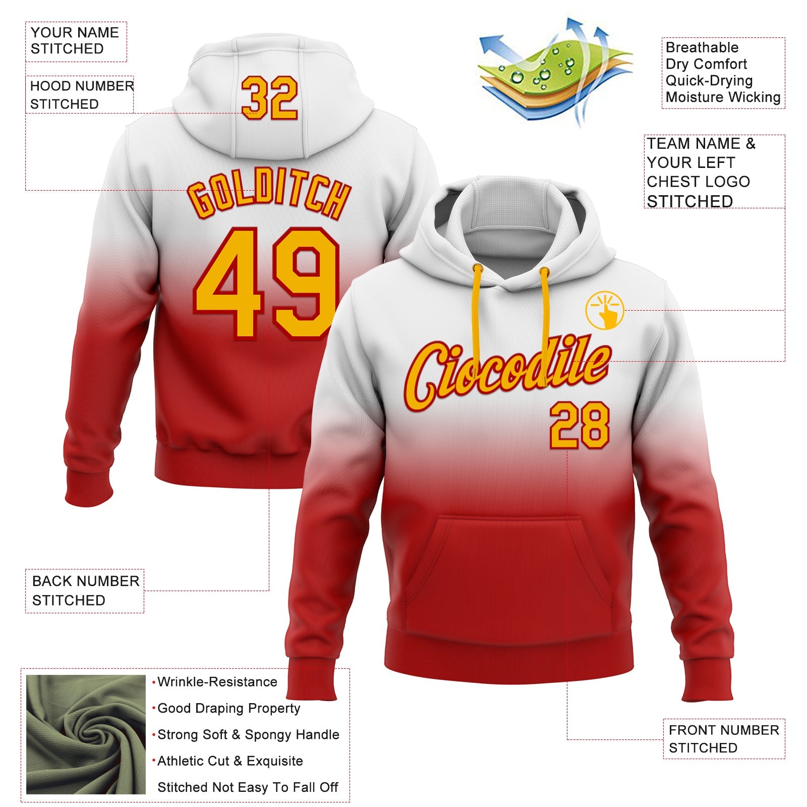 Custom Stitched White Gold-Red Fade Fashion Sports Pullover Sweatshirt Hoodie