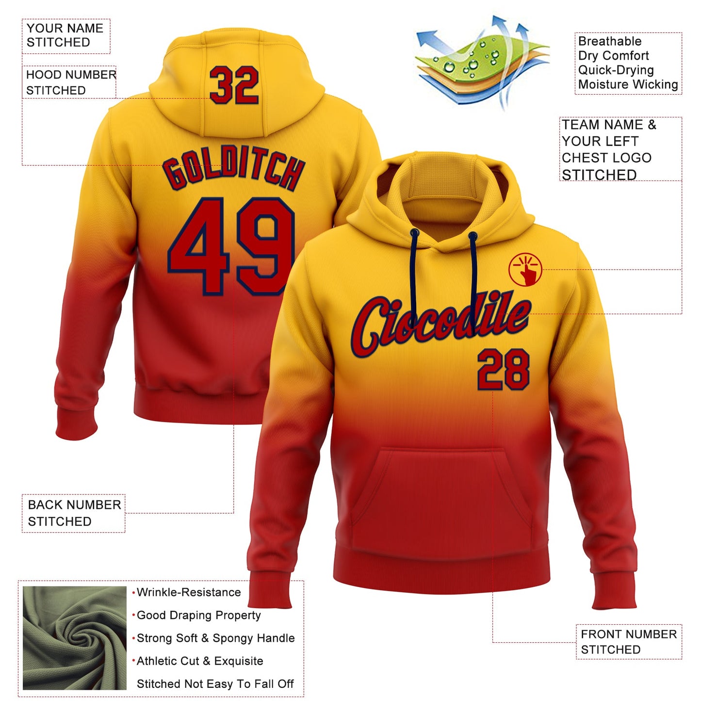 Custom Stitched Gold Red-Navy Fade Fashion Sports Pullover Sweatshirt Hoodie