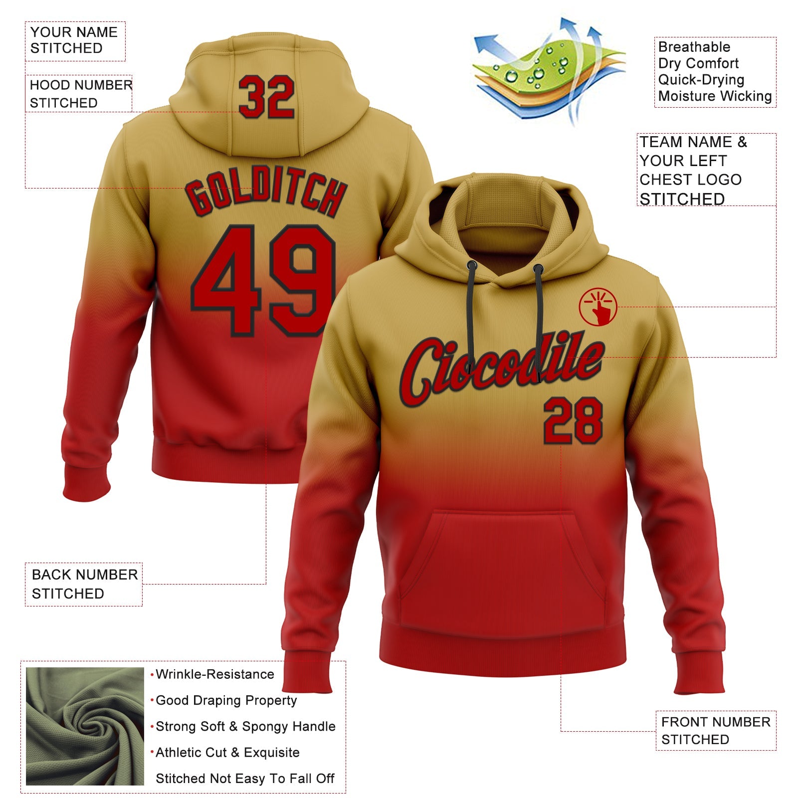 Custom Stitched Old Gold Red-Black Fade Fashion Sports Pullover Sweatshirt Hoodie
