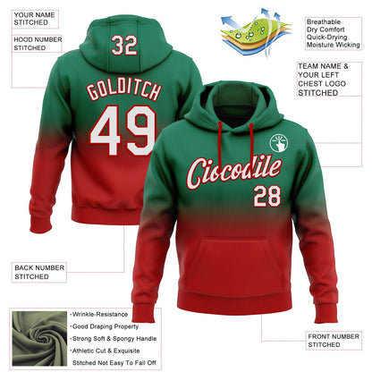 Custom Stitched Kelly Green White-Red Fade Fashion Sports Pullover Sweatshirt Hoodie
