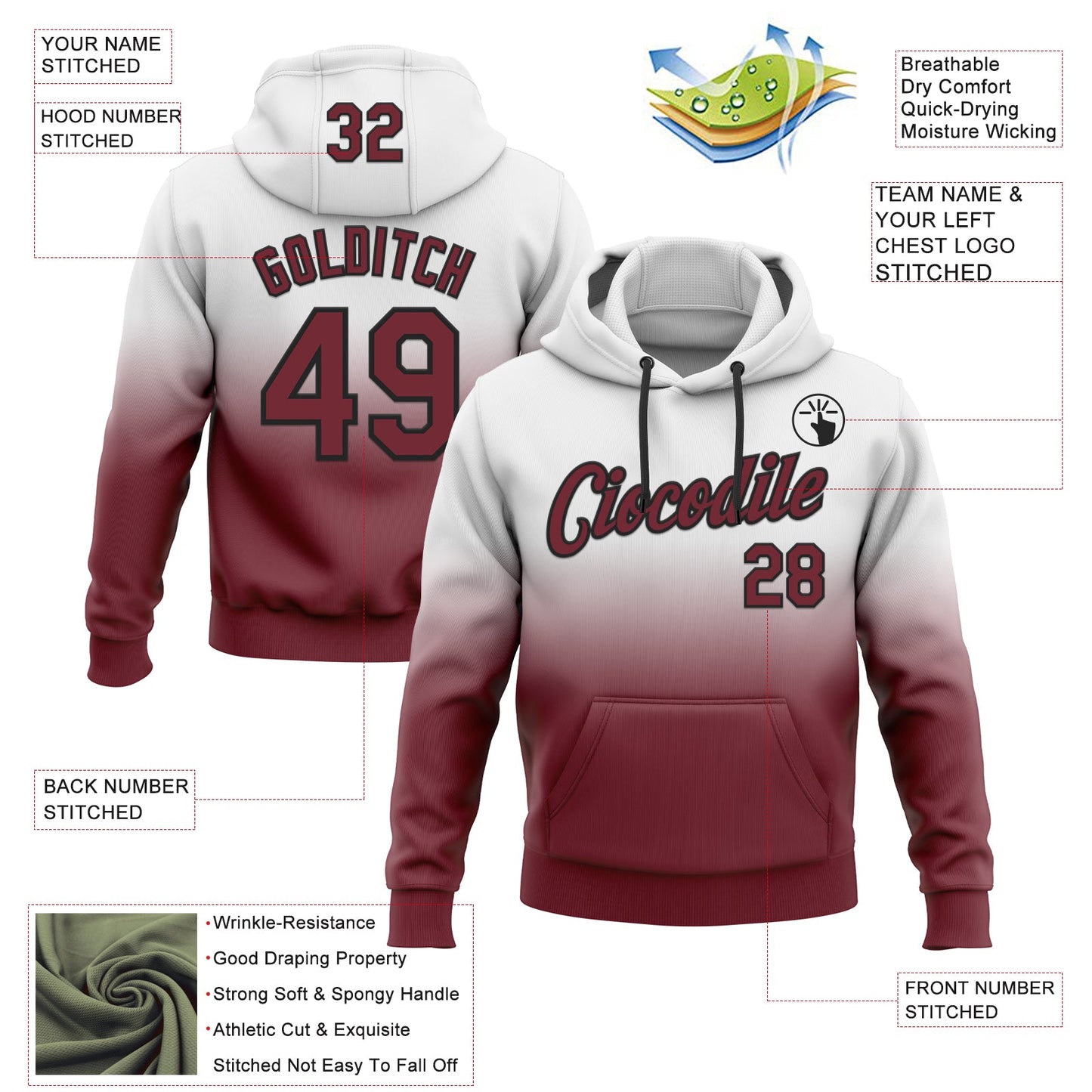 Custom Stitched White Burgundy-Black Fade Fashion Sports Pullover Sweatshirt Hoodie