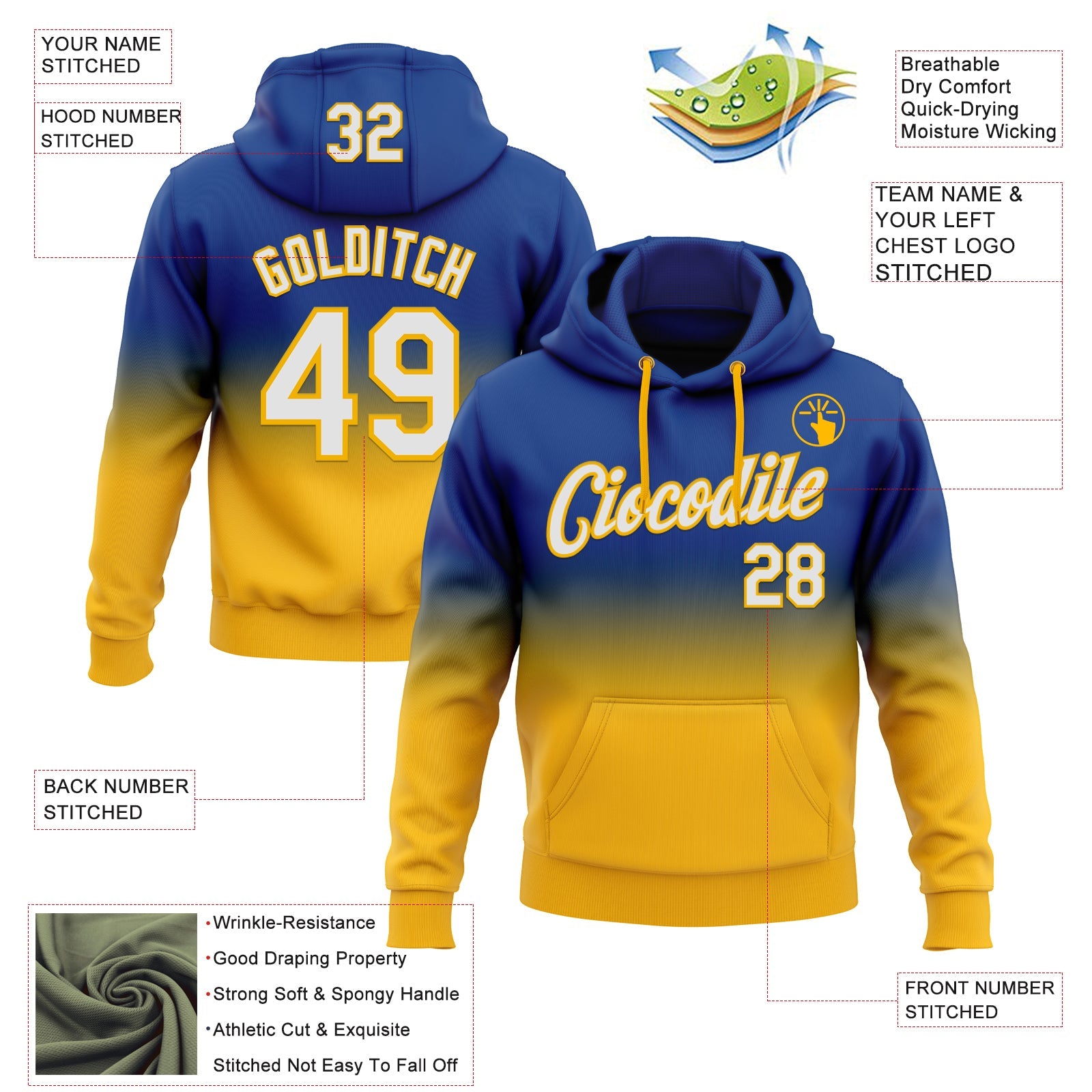 Custom Stitched Royal White-Gold Fade Fashion Sports Pullover Sweatshirt Hoodie