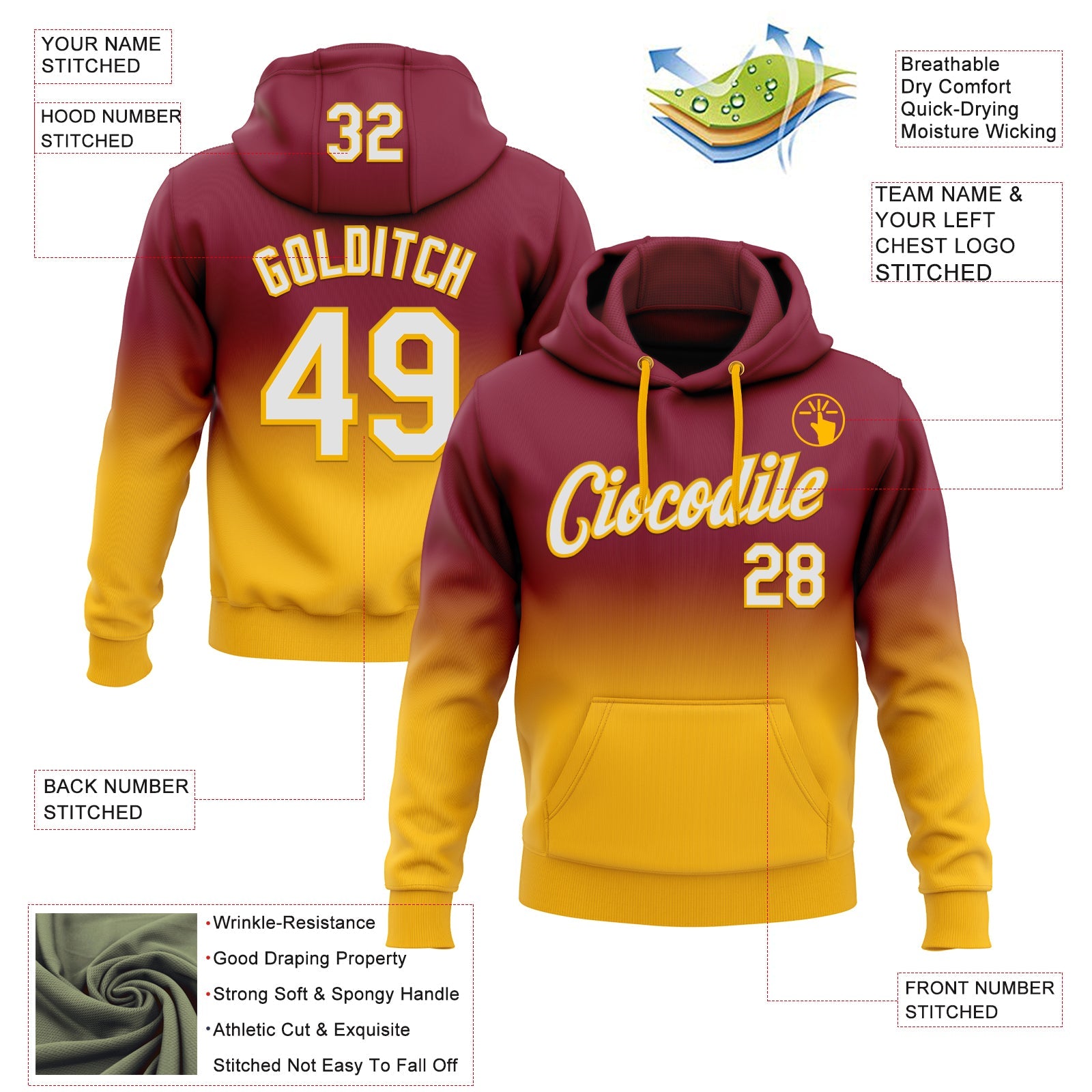 Custom Stitched Crimson White-Gold Fade Fashion Sports Pullover Sweatshirt Hoodie