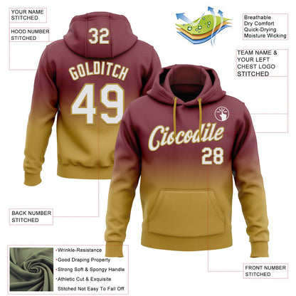 Custom Stitched Burgundy White-Old Gold Fade Fashion Sports Pullover Sweatshirt Hoodie