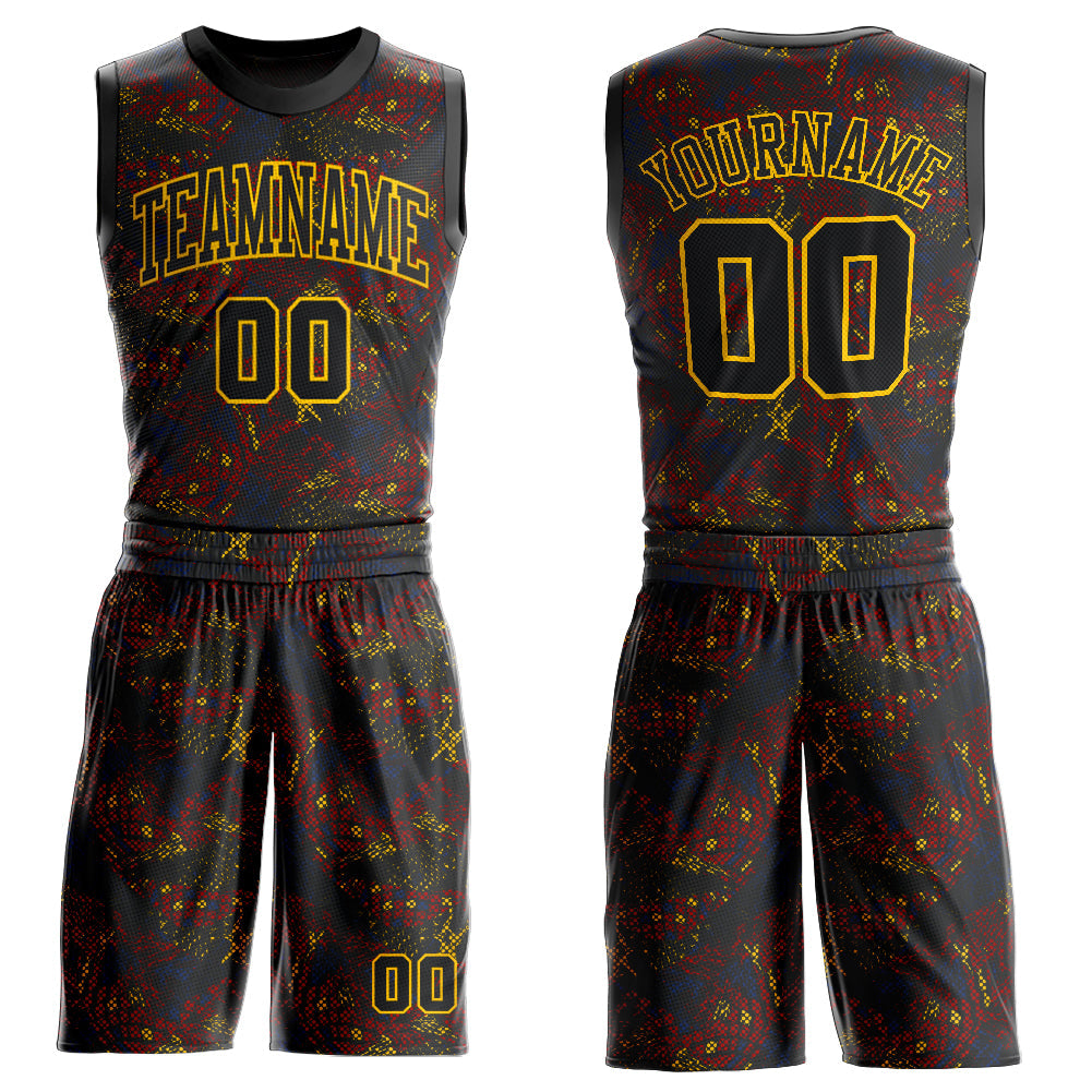 Custom Figure Black-Gold Round Neck Sublimation Basketball Uniform Jersey