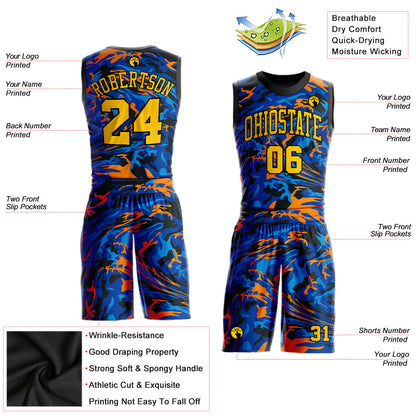 Custom Figure Gold-Royal Round Neck Sublimation Basketball Uniform Jersey