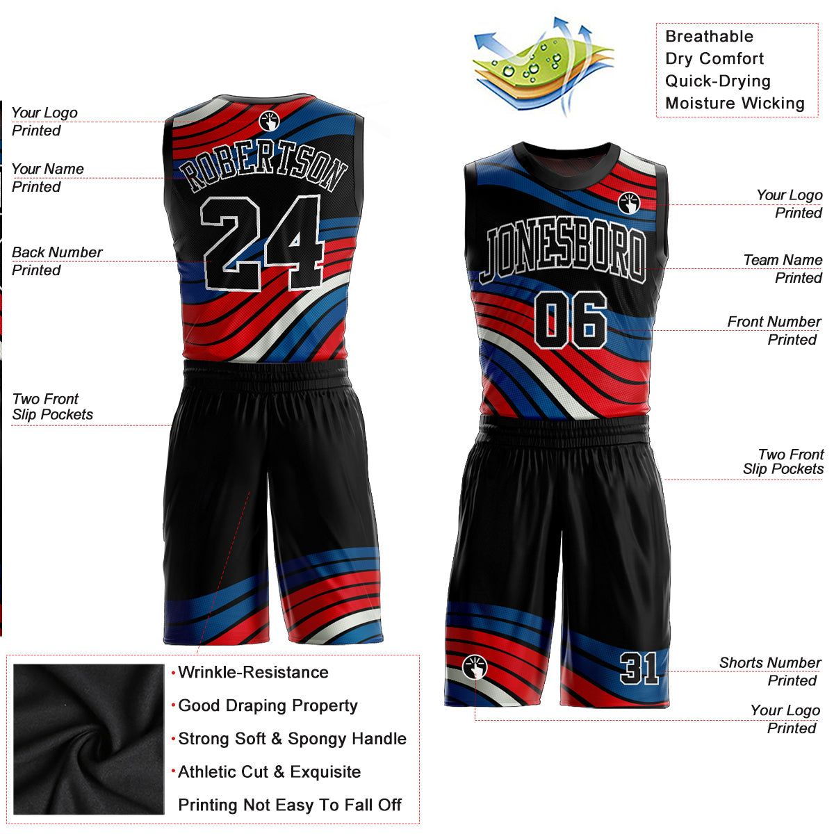 Custom Figure Black-Red Round Neck Sublimation Basketball Uniform Jersey