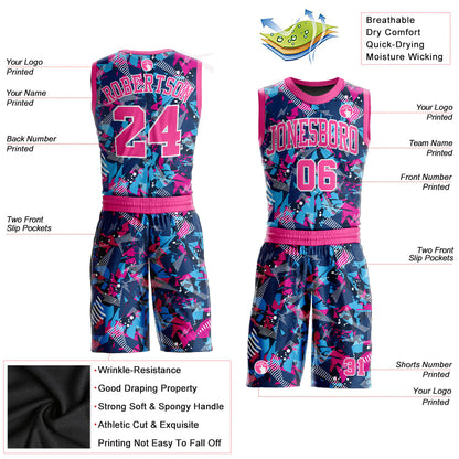 Custom Figure Pink-Light Blue Round Neck Sublimation Basketball Uniform Jersey