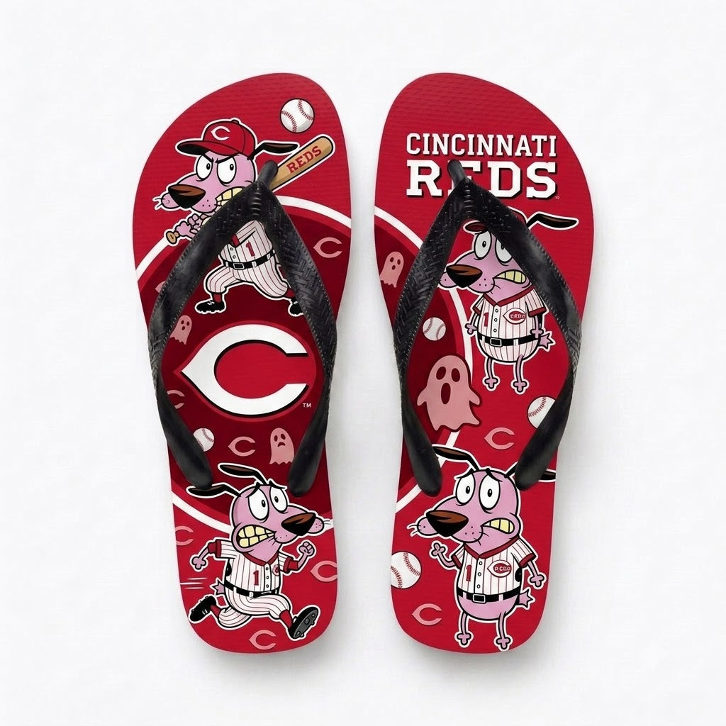 Cartoon Pink Dog Baseball Flip Flops, Sport Fan Sandals | 30 Teams Available