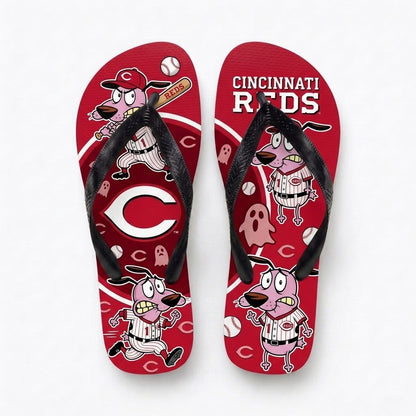 Cartoon Pink Dog Baseball Flip Flops, Sport Fan Sandals | 30 Teams Available