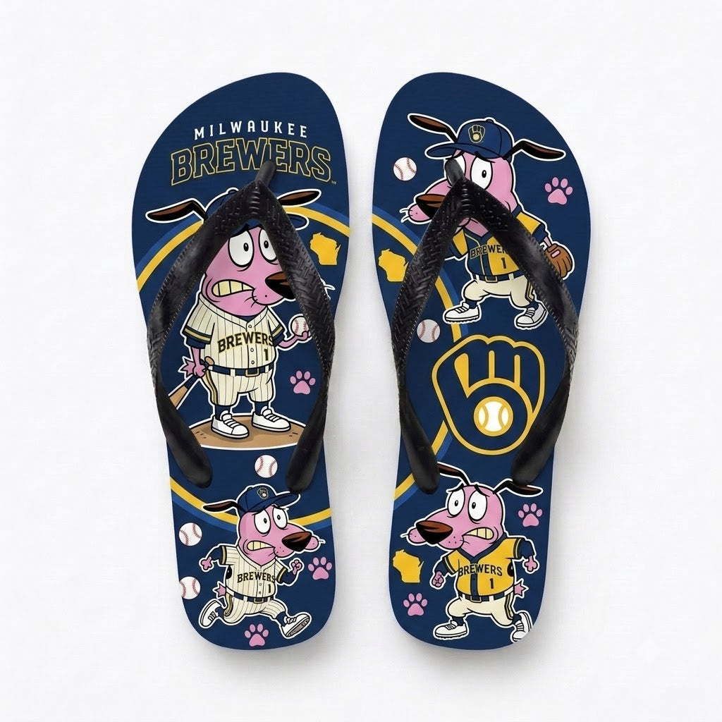 Cartoon Pink Dog Baseball Flip Flops, Sport Fan Sandals | 30 Teams Available