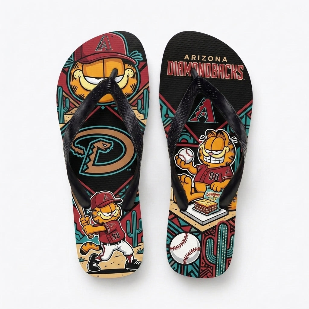 Cartoon Orange Cat Baseball Flip Flops, Sport Fan Sandals | 30 Teams Available