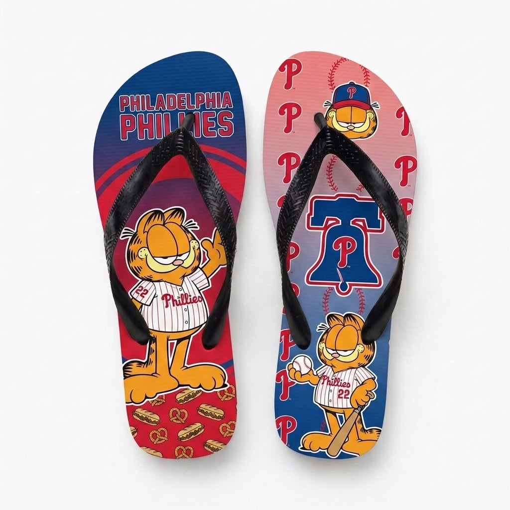 Cartoon Orange Cat Baseball Flip Flops, Sport Fan Sandals | 30 Teams Available