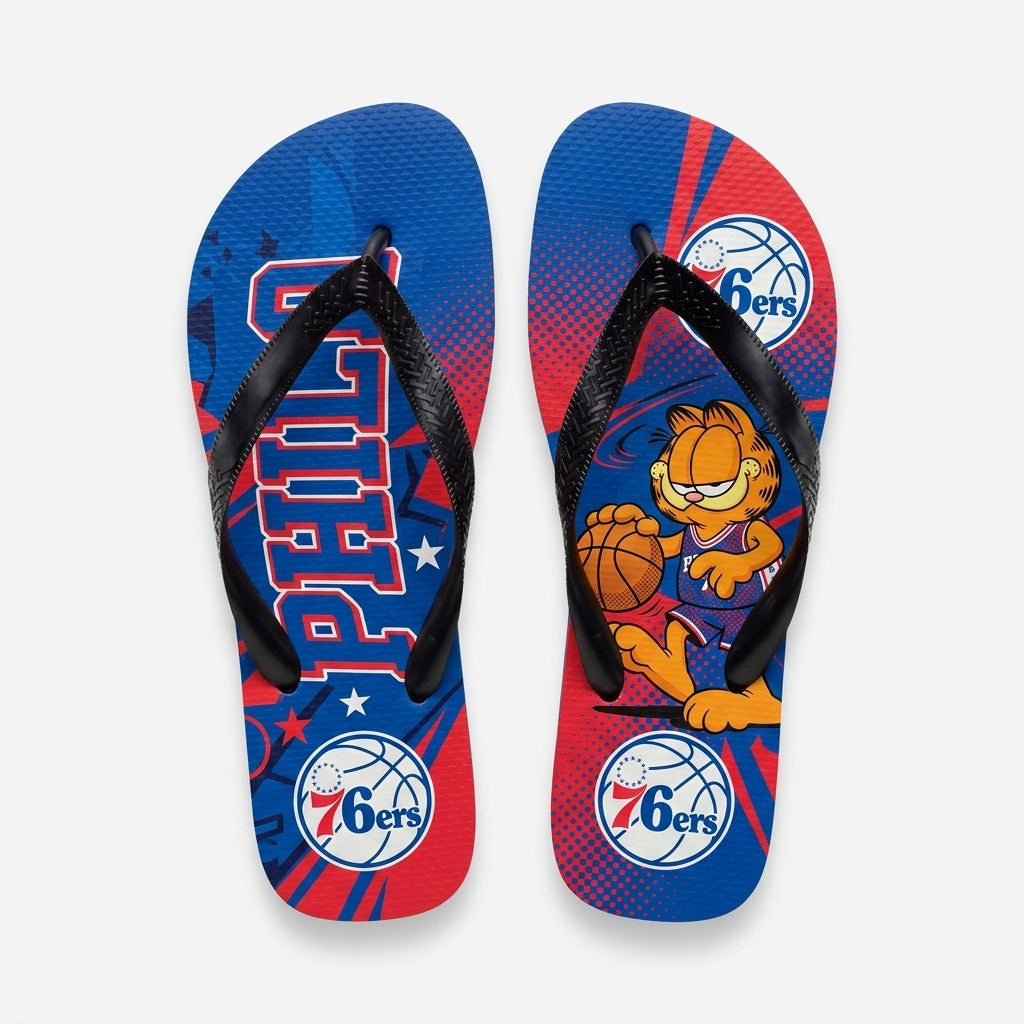 Cartoon Orange Cat Basketball Flip Flops, Sport Fan Sandals | 30 Teams Available