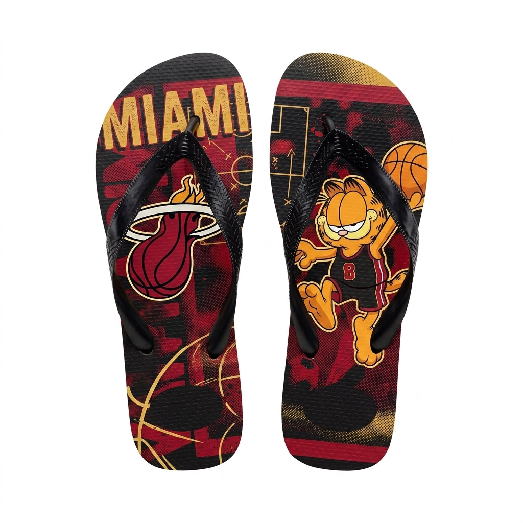 Cartoon Orange Cat Basketball Flip Flops, Sport Fan Sandals | 30 Teams Available