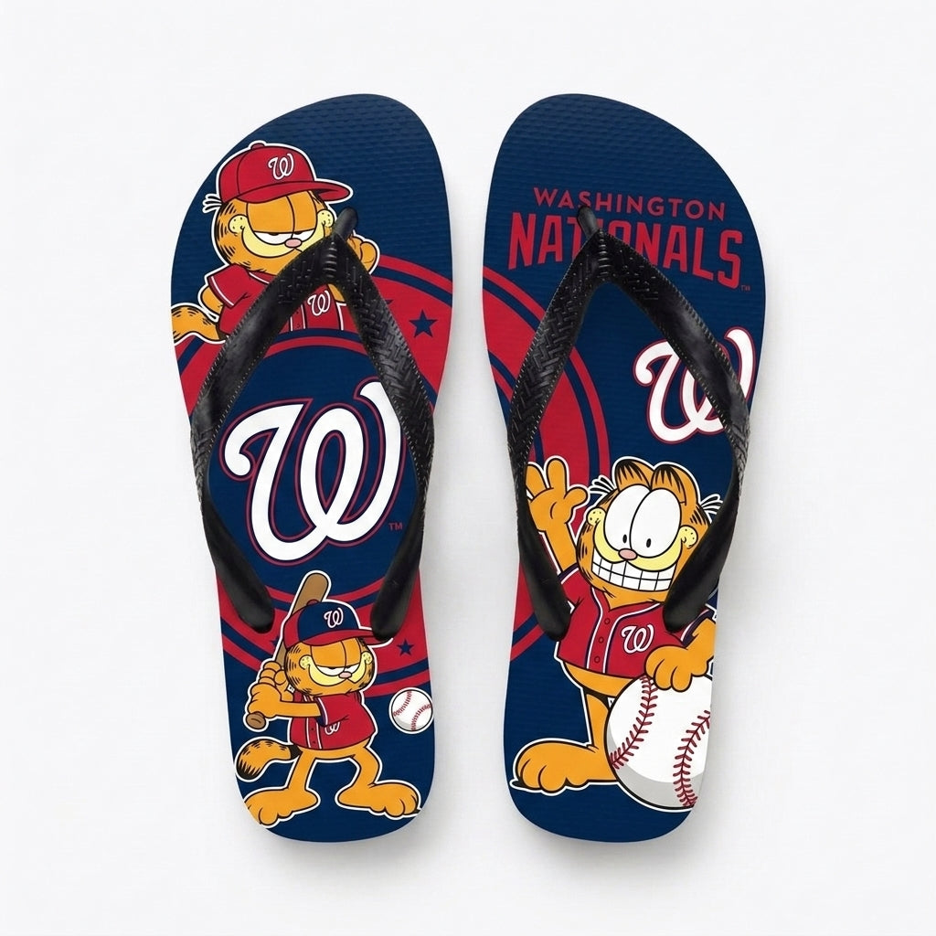 Cartoon Orange Cat Baseball Flip Flops, Sport Fan Sandals | 30 Teams Available