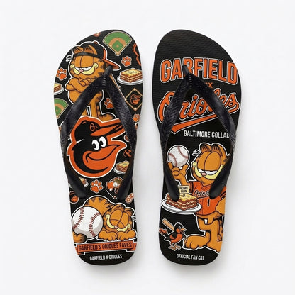 Cartoon Orange Cat Baseball Flip Flops, Sport Fan Sandals | 30 Teams Available
