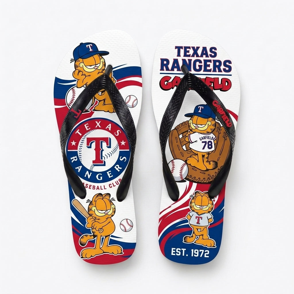 Cartoon Orange Cat Baseball Flip Flops, Sport Fan Sandals | 30 Teams Available