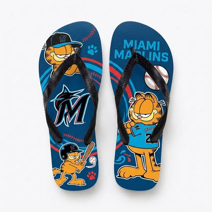 Cartoon Orange Cat Baseball Flip Flops, Sport Fan Sandals | 30 Teams Available