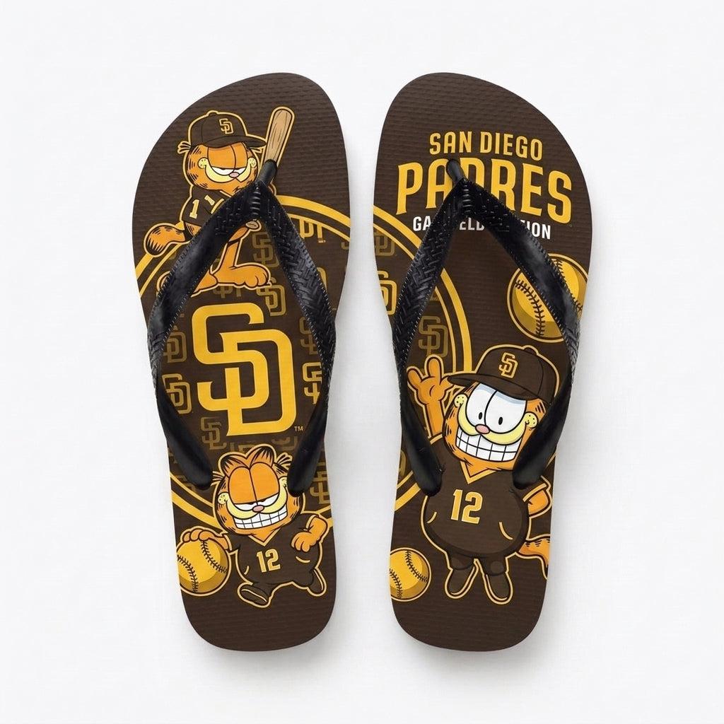 Cartoon Orange Cat Baseball Flip Flops, Sport Fan Sandals | 30 Teams Available